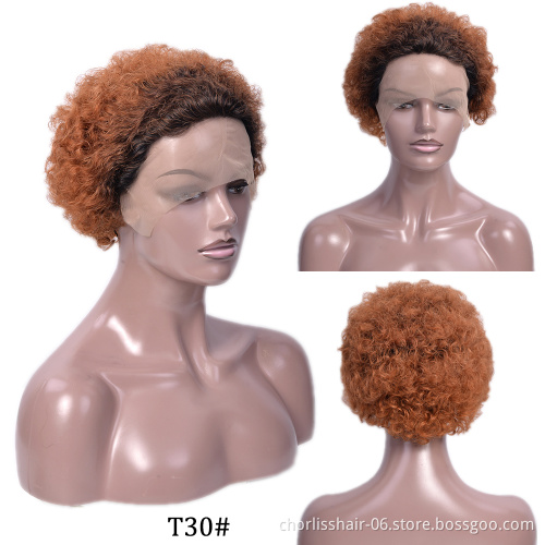 Wholesale Cheap Colored Short Curly Ombre Ready To Ship Natural Perruque Pixie Cut Lace Frontal Wigs 100% Virgin Human Hair Wigs